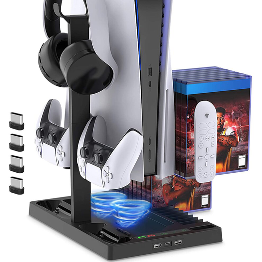 Charging Stand Cooling Fan PS5/PS5 Digital Edition Console,Controller,Vertical Dual Controller Charger Ports,15 Game Slots, Remote Dock,Headset Stand