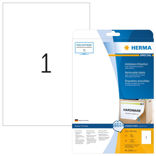 HERMA 10021 Removable labels A4 210x297 mm white Movables/removable paper matt 25 pcs.