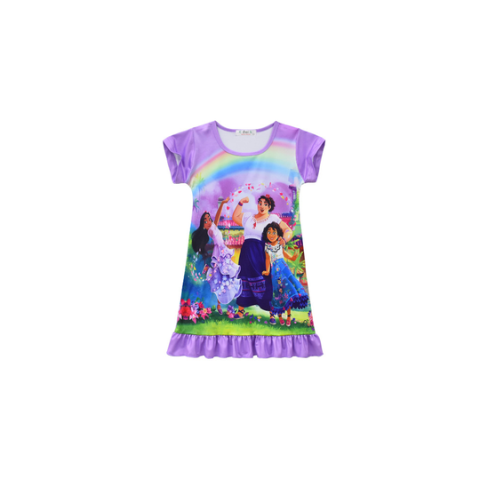 (Purple, 5-6 Years) Encanto Mirabel Sleepwear Dress Girls Pleated Skirt Nightdress Nightie Nighty