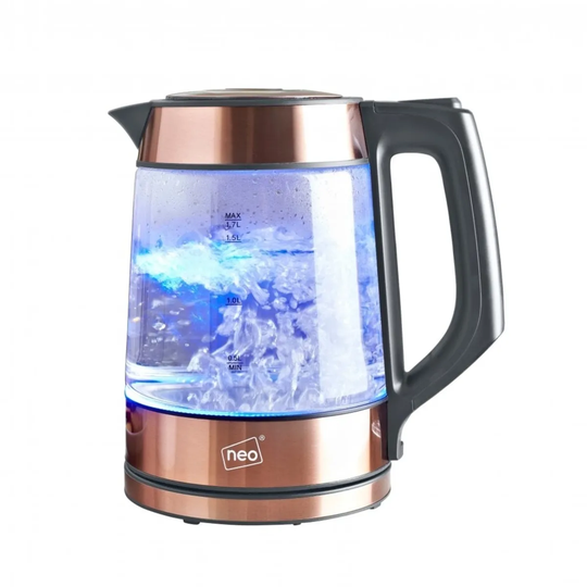 Neo 2000W 1.7L Cordless Nordic Illuminated Glass Jug Kettle - Grey & Copper