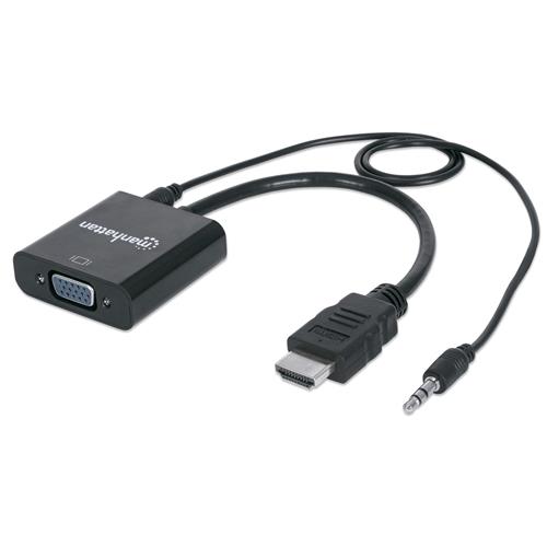Manhattan HDMI to VGA (with Audio) Converter cable 1080p 30cm Male to Female Micro-USB Power Input Port for additional power if needed Black Three Year Warranty Polybag