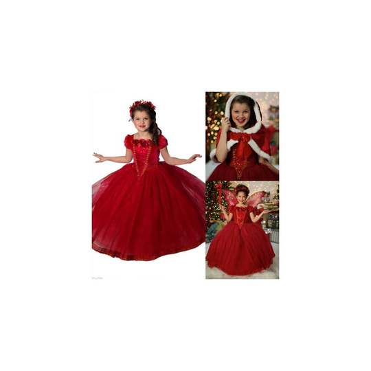 (Red, 6-7 Years) Kids Girls Cinderella Princess Dresses Cosplay Costume Party Fancy Dress + Cape
