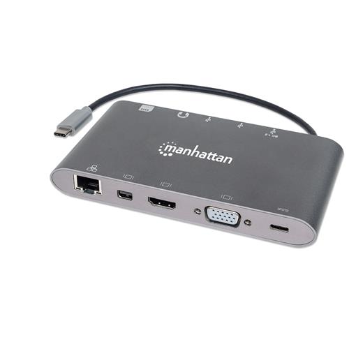 Manhattan USB-C Dock/Hub with Card Reader Ports (x8): USB-C to HDMI Audio 3.5mm Ethernet Mini DisplayPort USB-A (x3) and USB-C With Power Delivery to USB-C Port (60W) Cable 20cm Aluminium Grey Three Year Warranty Retail Box