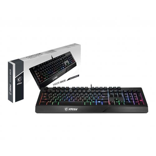 MSI VIGOR GK20 RGB Gaming Keyboard ' UK Layout Membrane switches Rainbow RGB Lighting effect Ergonomic keycaps Hotkeys for media and lighting control water repellent keyboard design'