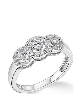 Love GOLD 9K White Gold 3 Stone Halo 0.33ct Diamond Ring, White Gold, Size L, Women